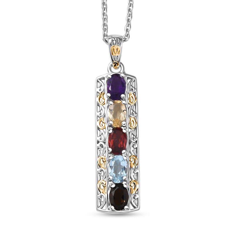 EverTrue Multi Gemstone 2.10 ctw Pendant in 18K YG Plated and Platinum Bond with Stainless Steel Necklace 20 Inches