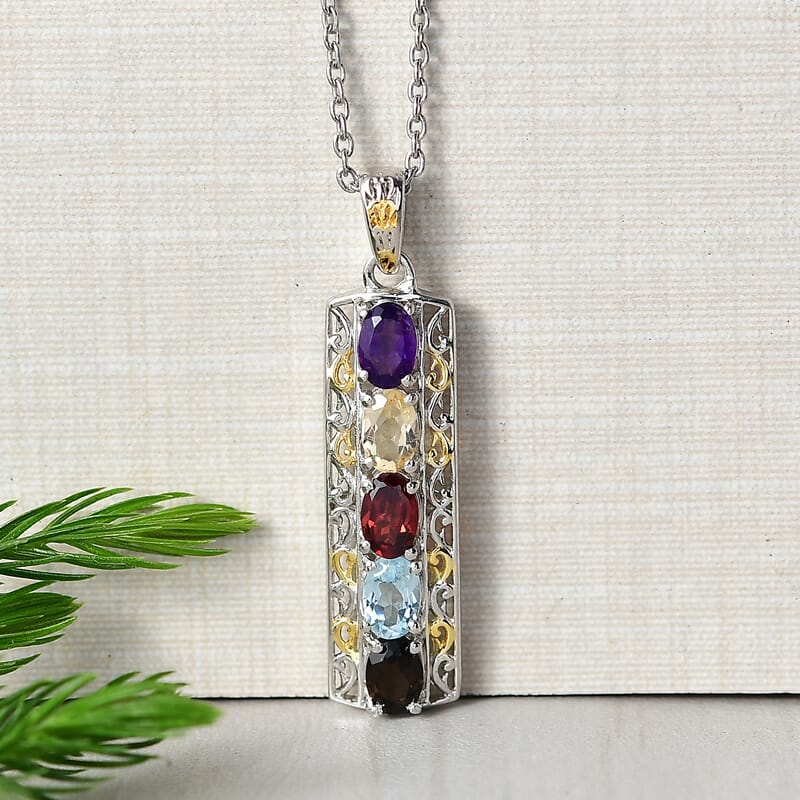 EverTrue Multi Gemstone 2.10 ctw Pendant in 18K YG Plated and Platinum Bond with Stainless Steel Necklace 20 Inches