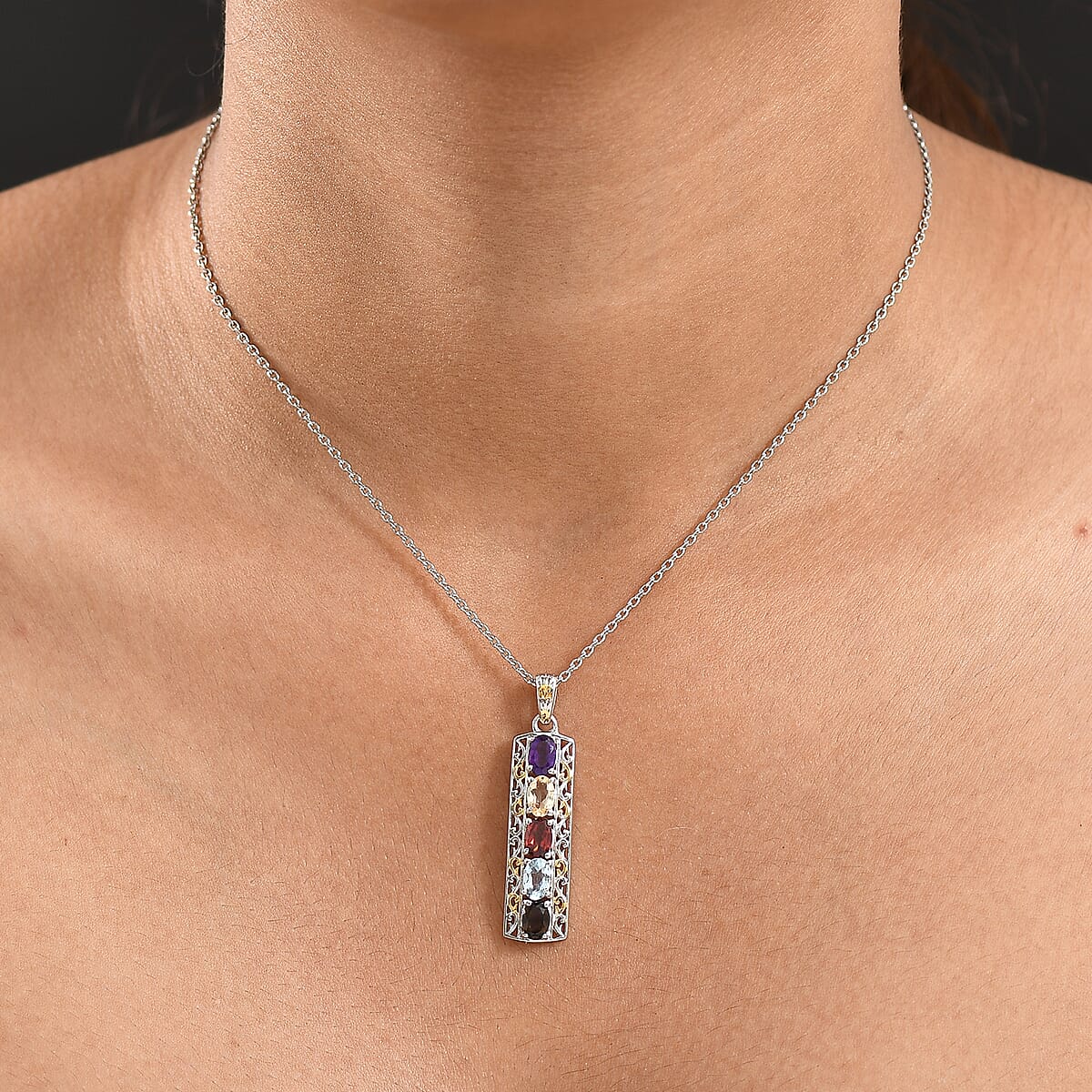 EverTrue Multi Gemstone 2.10 ctw Pendant in 18K YG Plated and Platinum Bond with Stainless Steel Necklace 20 Inches  image number 2