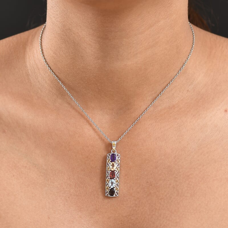 EverTrue Multi Gemstone 2.10 ctw Pendant in 18K YG Plated and Platinum Bond with Stainless Steel Necklace 20 Inches