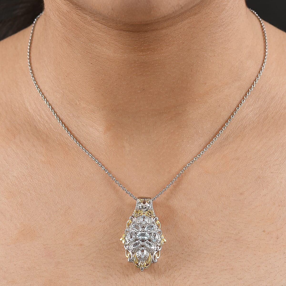 EverTrue Sky Blue Topaz 3.00 ctw Pendant in 18K YG Plated and Platinum Bond with Stainless Steel Necklace 20 Inches image number 2