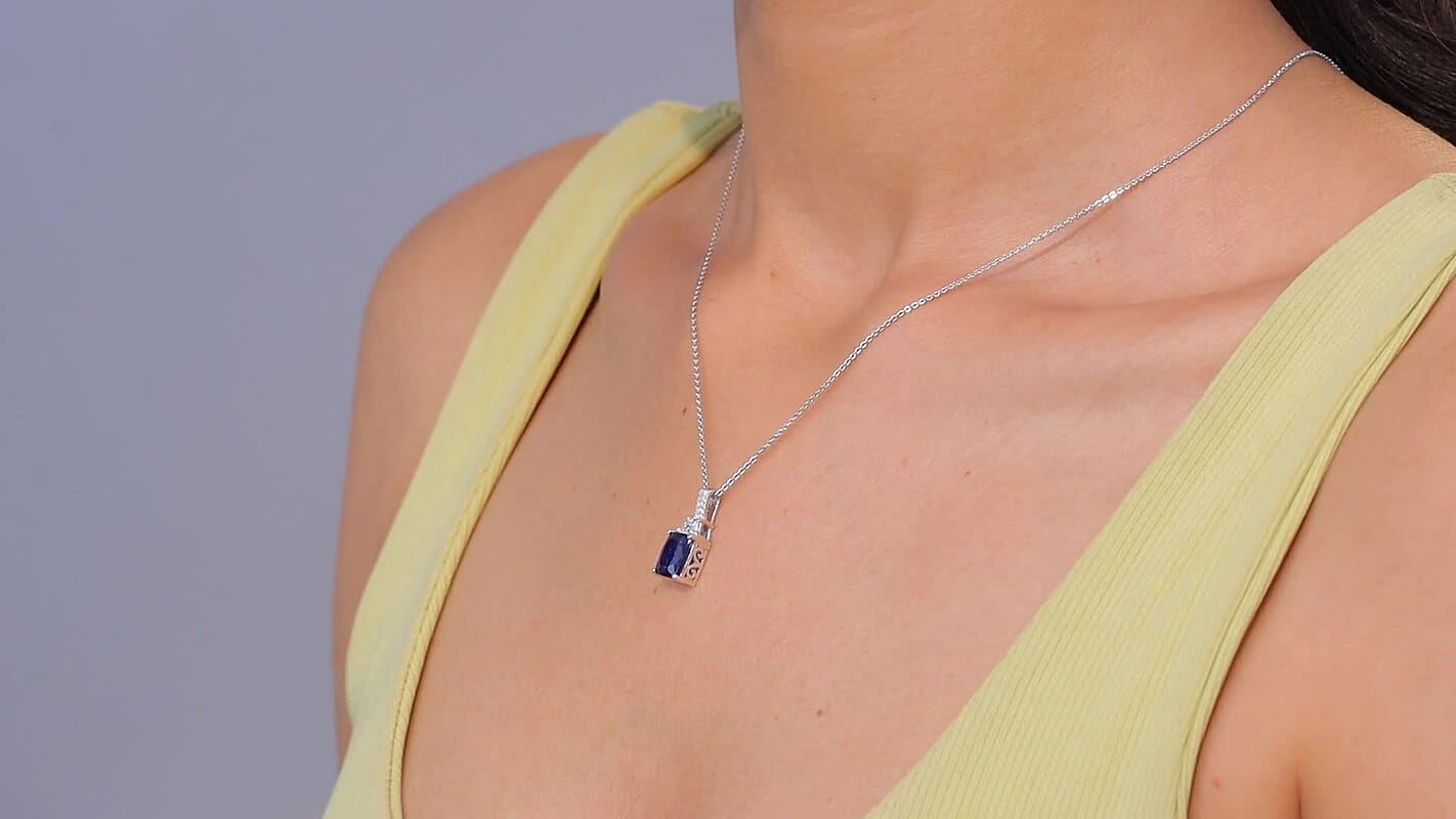 D'Joy Premium Kashmir Kyanite and Moissanite 2.90 ctw The Midnight Tide Pendant Necklace in Rhodium Over Sterling Silver 20 Inches