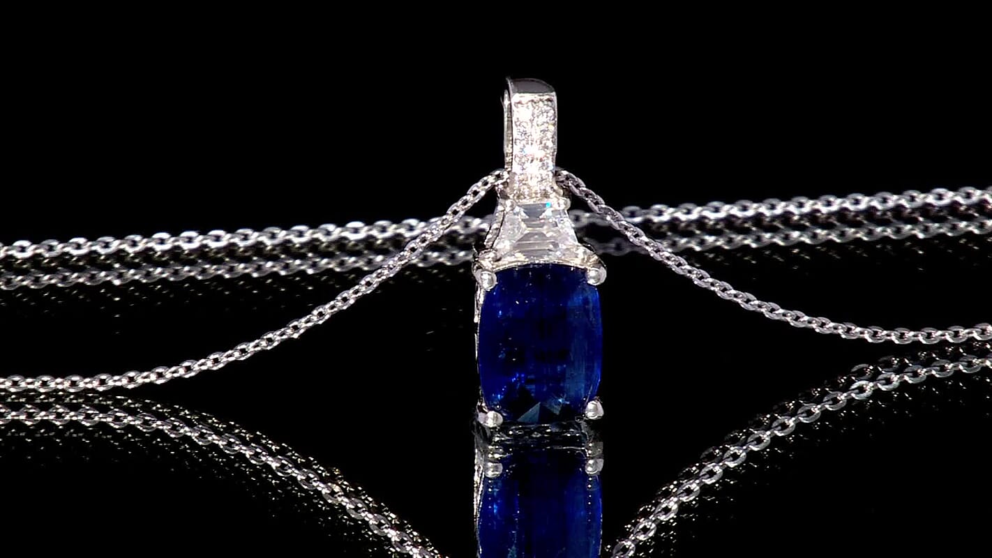 D'Joy Premium Kashmir Kyanite and Moissanite 2.90 ctw The Midnight Tide Pendant Necklace in Rhodium Over Sterling Silver 20 Inches