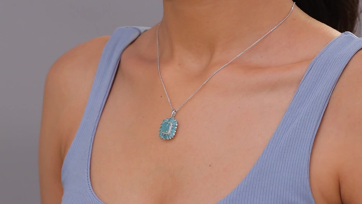 D'Joy Premium Grandidierite and White Zircon Art Deco Floral Pendant Necklace in Rhodium Over Sterling Silver 20 Inches