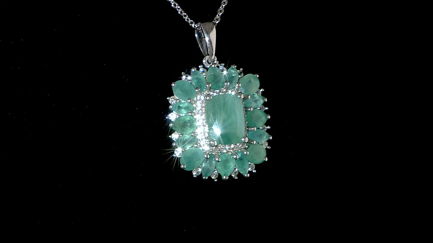 D'Joy Premium Grandidierite and White Zircon Art Deco Floral Pendant Necklace in Rhodium Over Sterling Silver 20 Inches