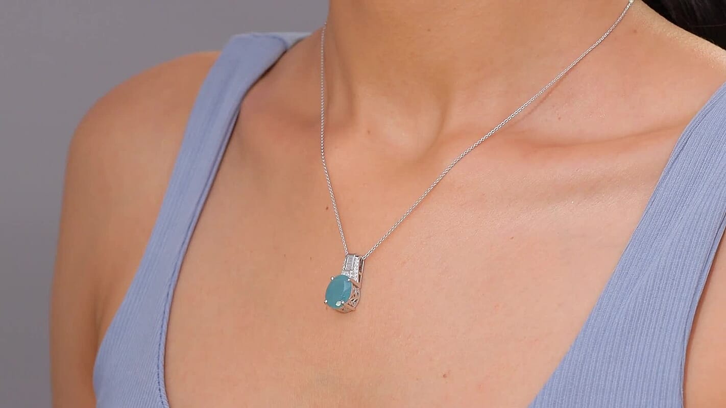 D'Joy Premium Grandidierite and Moissanite 4.70 ctw Art Deco Pendant Necklace in Rhodium Over Sterling Silver 20 Inches