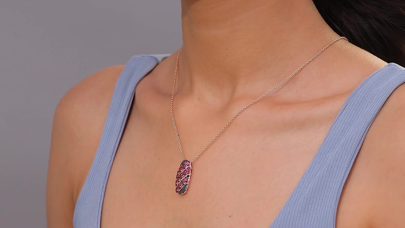 EverTrue Orissa Rhodolite Garnet and Thai Black Spinel 3.30 ctw Crimson Leaf Elegance Pendant in 18K RG Plated with ION Plated RG Stainless Steel Necklace 20 Inches