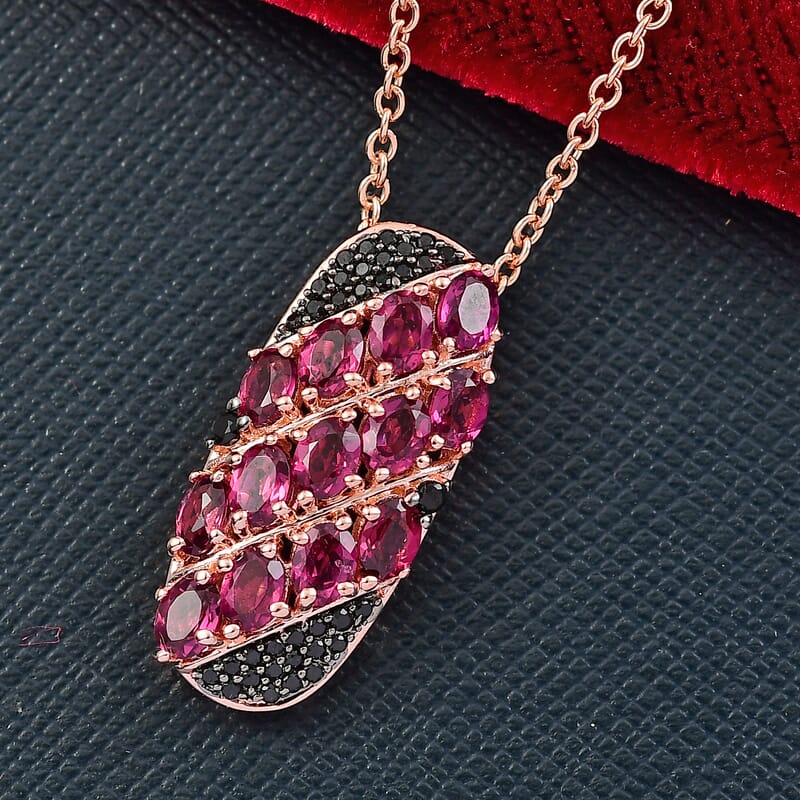EverTrue Orissa Rhodolite Garnet and Thai Black Spinel 3.30 ctw Crimson Leaf Elegance Pendant in 18K RG Plated with ION Plated RG Stainless Steel Necklace 20 Inches