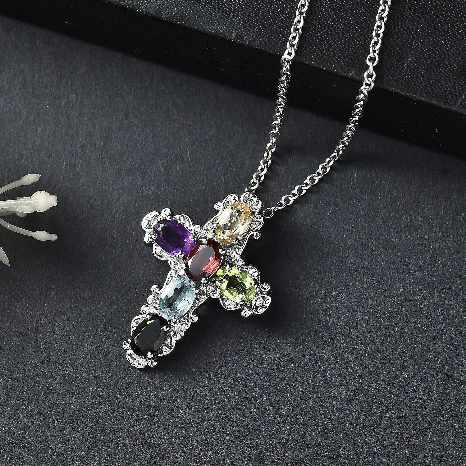 EverTrue Multi Gemstone Pendant Necklace in Stainless Steel 3.65 ctw (20 Inches)