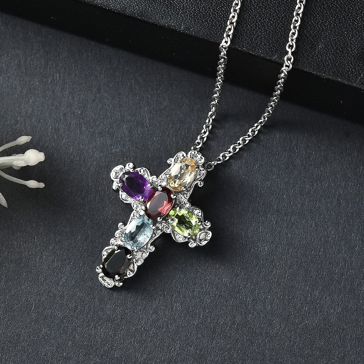 EverTrue Multi Gemstone Pendant Necklace in Stainless Steel 3.65 ctw (20 Inches) image number 1