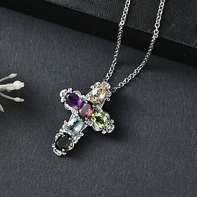 EverTrue Multi Gemstone Pendant Necklace in Stainless Steel 3.65 ctw (20 Inches)