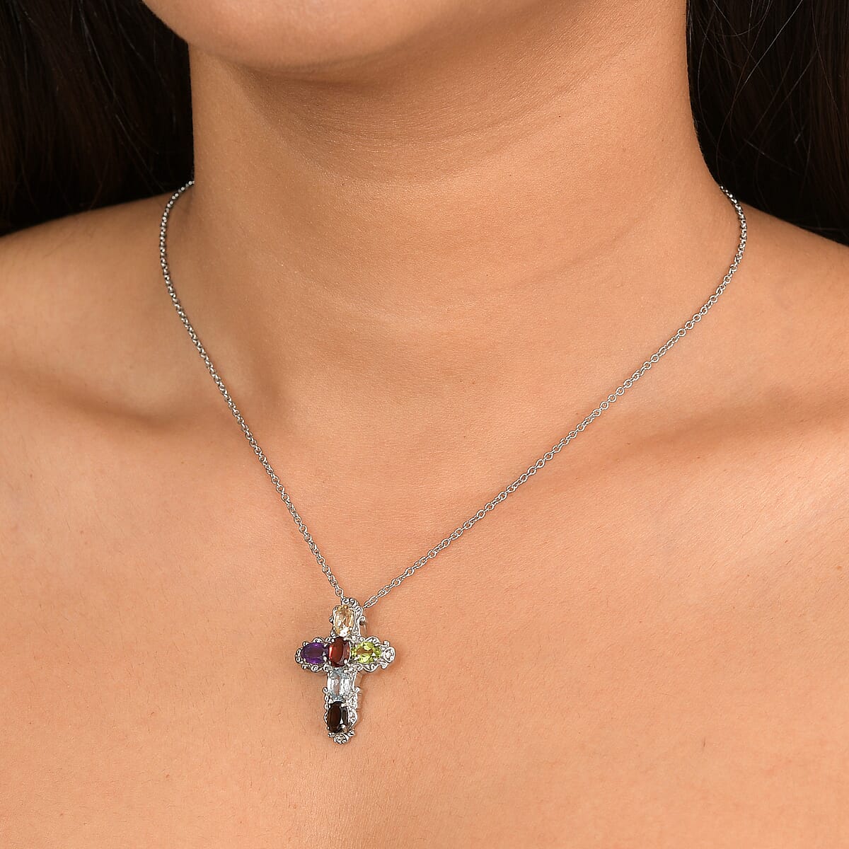 EverTrue Multi Gemstone Pendant Necklace in Stainless Steel 3.65 ctw (20 Inches) image number 2