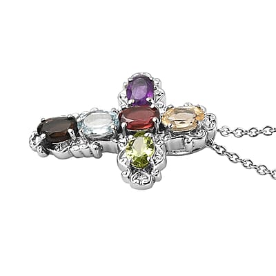 EverTrue Multi Gemstone Pendant Necklace in Stainless Steel 3.65 ctw (20 Inches)