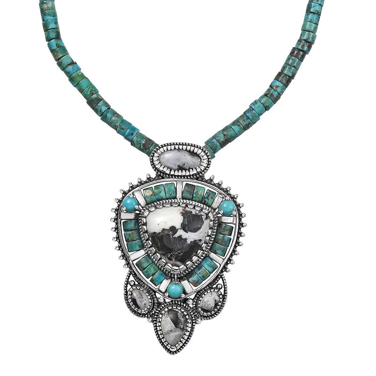 D'Joy Artisan Crafted White Buffalo and Royston Turquoise 84.60 ctw Pendant with Beaded Necklace in Sterling Silver 20 Inches image number 0