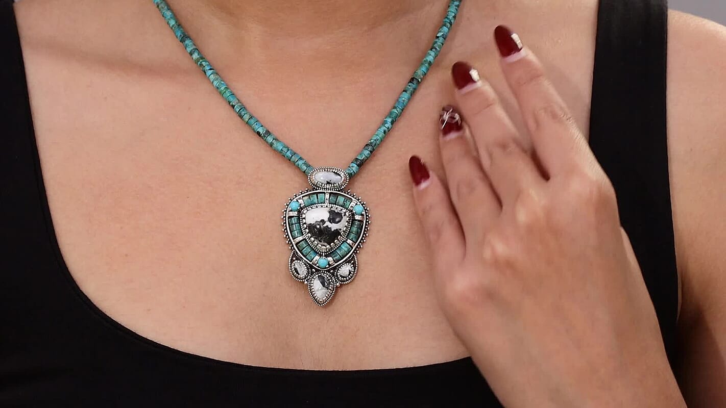 D'Joy Artisan Crafted White Buffalo and Royston Turquoise 84.60 ctw Pendant with Beaded Necklace in Sterling Silver 20 Inches