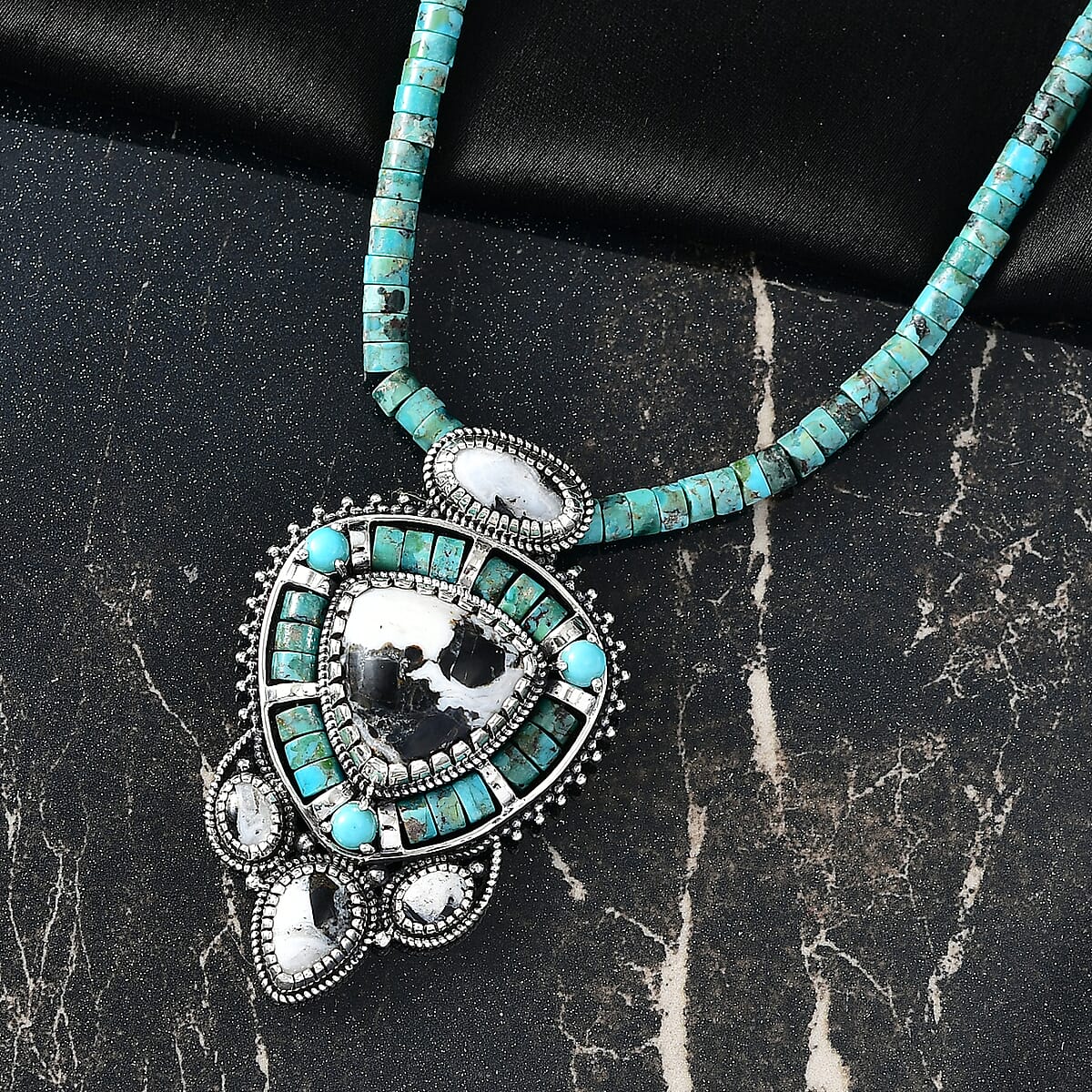 D'Joy Artisan Crafted White Buffalo and Royston Turquoise 84.60 ctw Pendant with Beaded Necklace in Sterling Silver 20 Inches image number 1