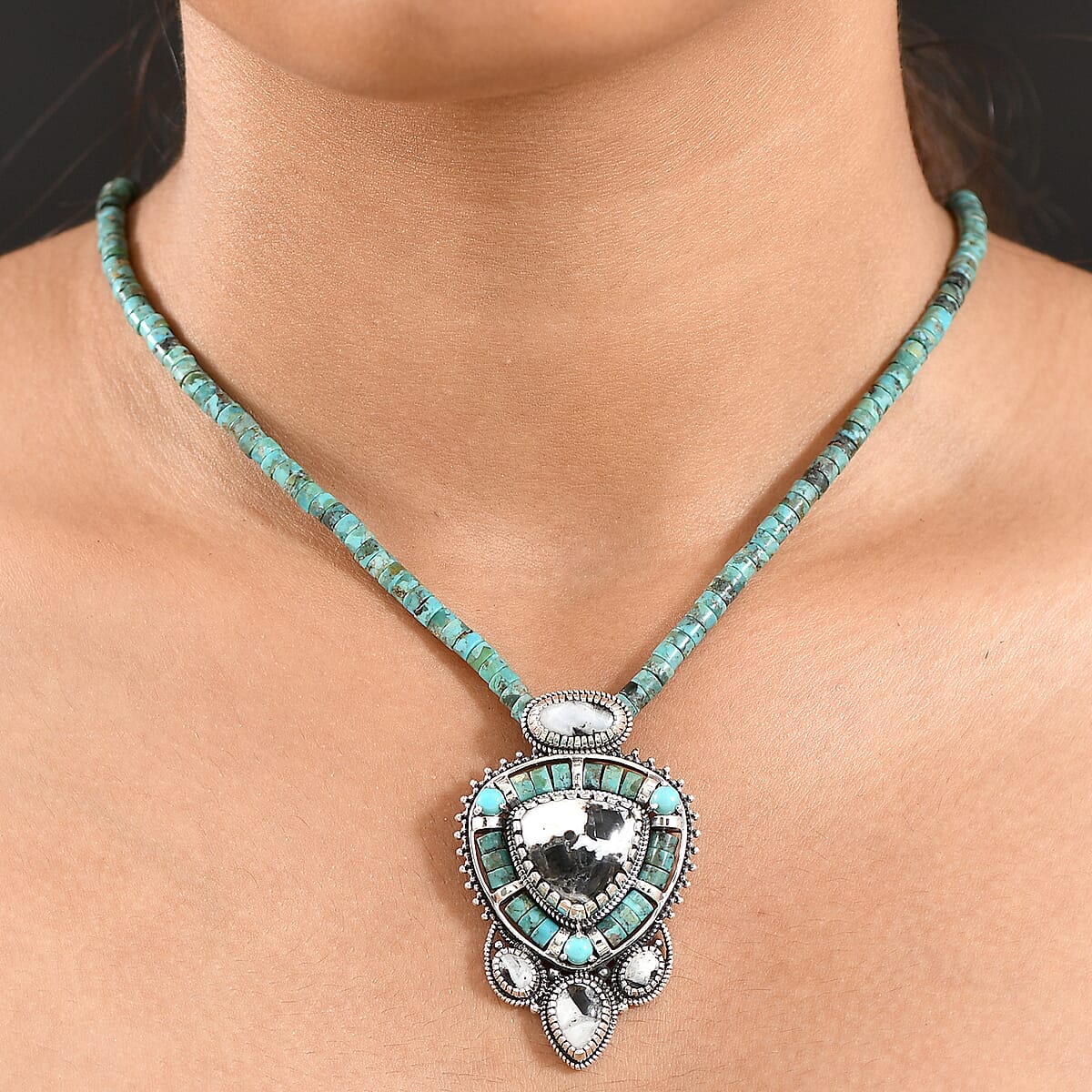 D'Joy Artisan Crafted White Buffalo and Royston Turquoise 84.60 ctw Pendant with Beaded Necklace in Sterling Silver 20 Inches image number 2