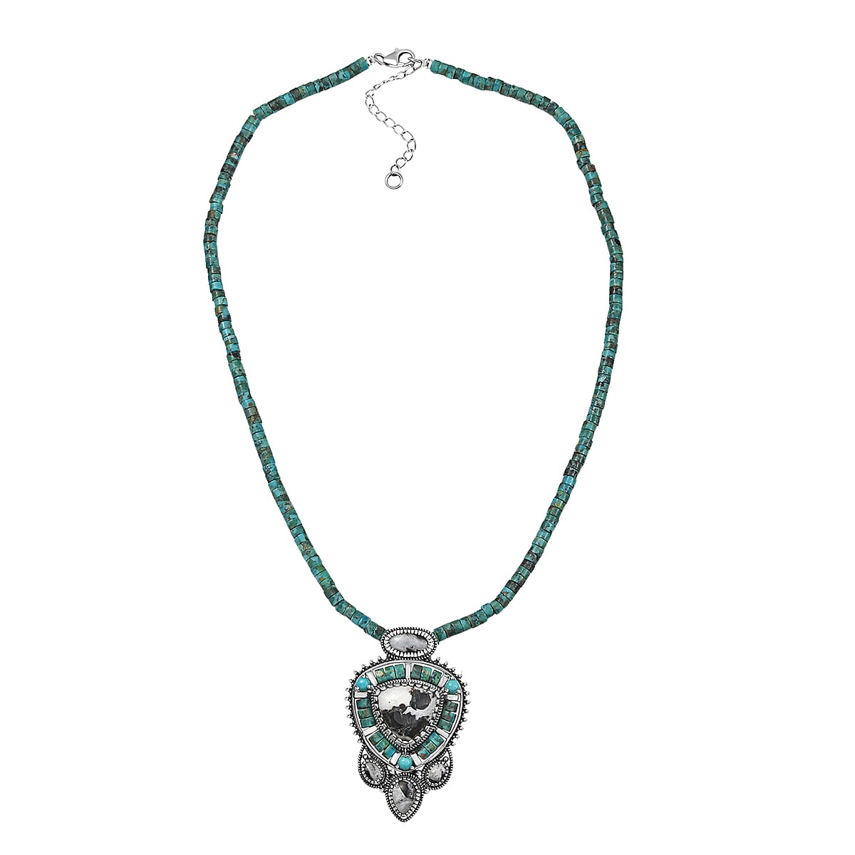 D'Joy Artisan Crafted White Buffalo and Royston Turquoise 84.60 ctw Pendant with Beaded Necklace in Sterling Silver 20 Inches image number 3