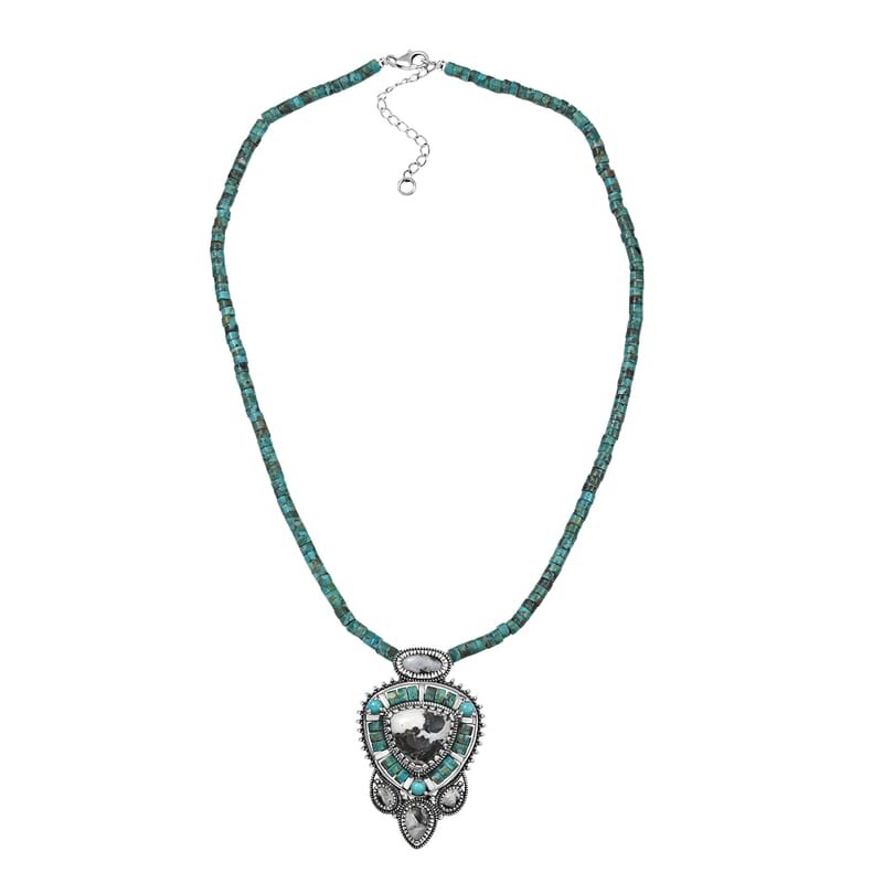 D'Joy Artisan Crafted White Buffalo and Royston Turquoise 84.60 ctw Pendant with Beaded Necklace in Sterling Silver 20 Inches