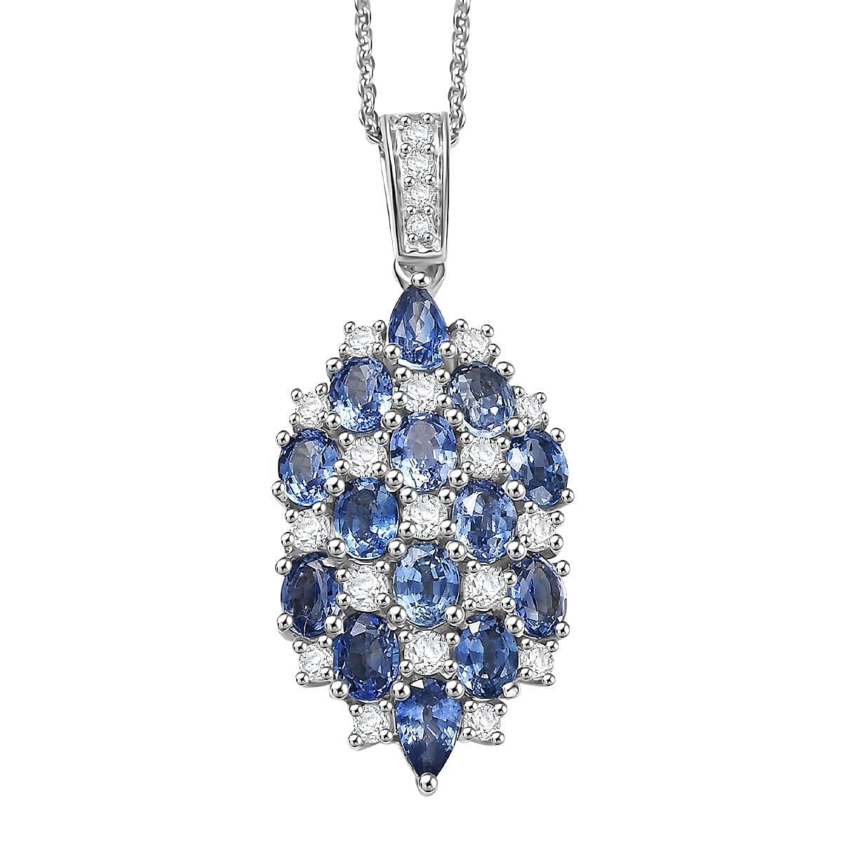 D'Joy Ceylon Blue Sapphire and White Zircon 4.15 ctw Pendant Necklace in Rhodium Over Sterling Silver 20 Inches image number 0
