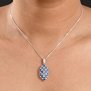 D'Joy Ceylon Blue Sapphire and White Zircon 4.15 ctw Pendant Necklace in Rhodium Over Sterling Silver 20 Inches