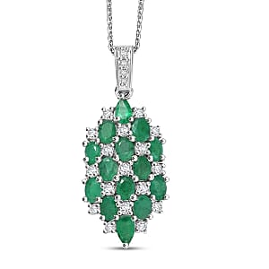 D'Joy Premium Kagem Zambian Emerald and White Zircon 3.15 ctw Pendant Necklace in Rhodium Over Sterling Silver 20 Inches