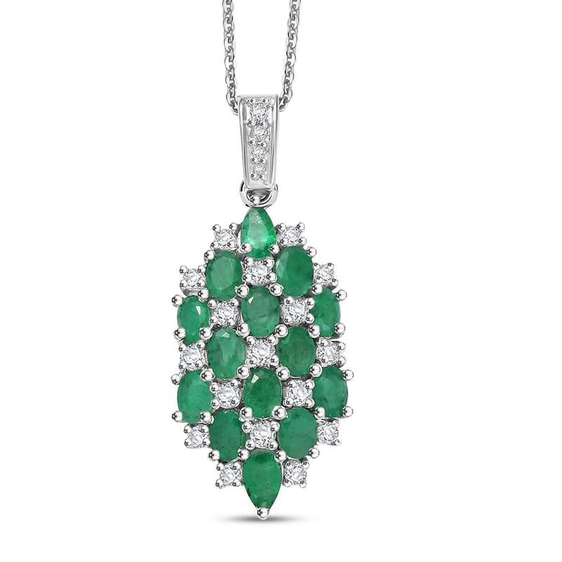 D'Joy Premium Kagem Zambian Emerald and White Zircon 3.15 ctw Pendant Necklace in Rhodium Over Sterling Silver 20 Inches