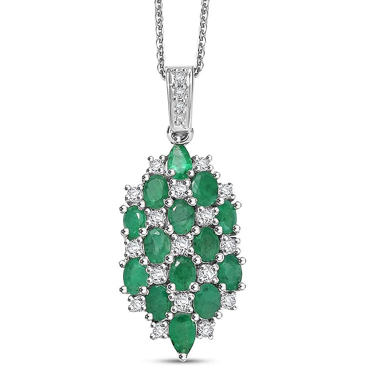 D'Joy Premium Kagem Zambian Emerald and White Zircon 3.15 ctw Pendant Necklace in Rhodium Over Sterling Silver 20 Inches