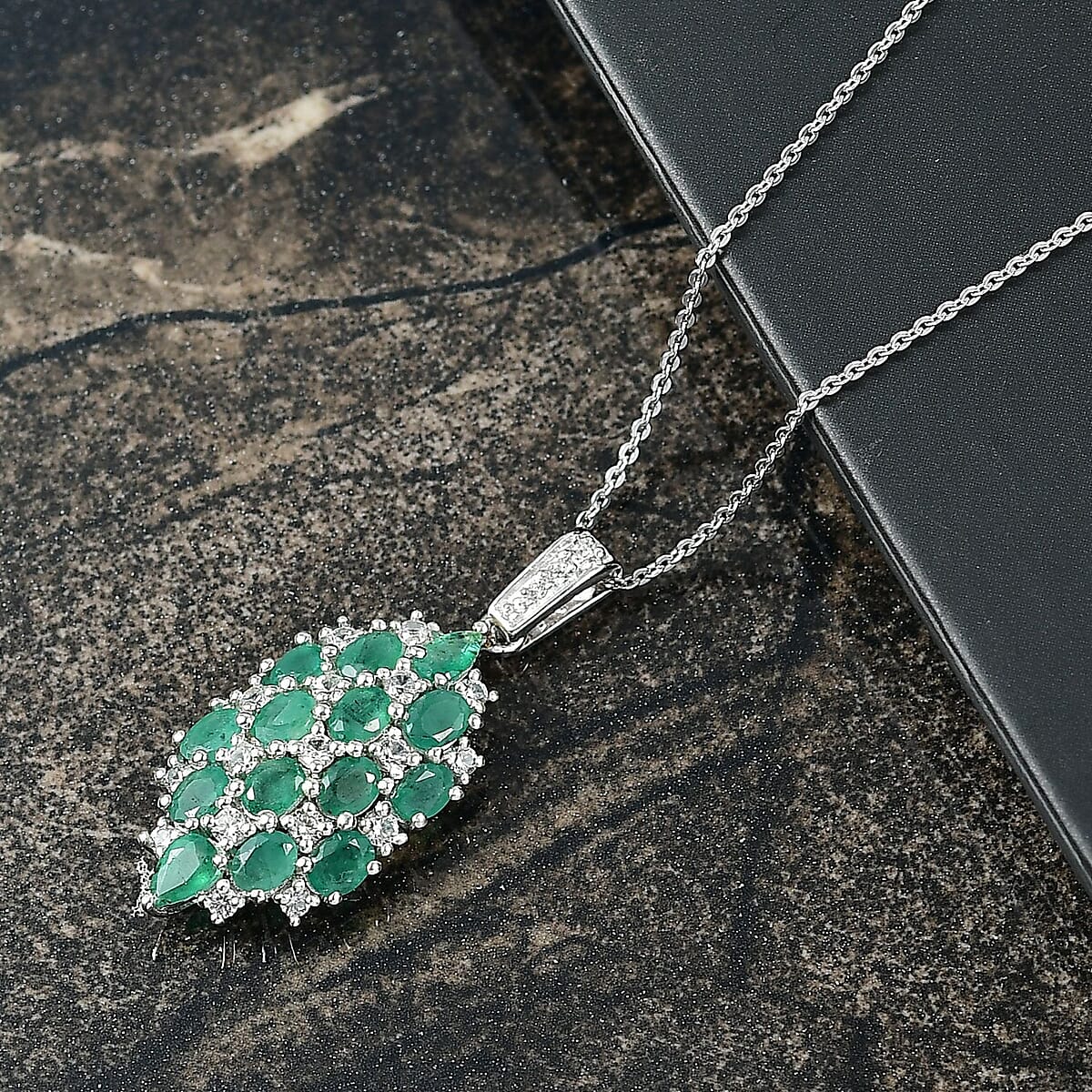 D'Joy Premium Kagem Zambian Emerald and White Zircon 3.15 ctw Pendant Necklace in Rhodium Over Sterling Silver 20 Inches image number 1