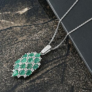 D'Joy Premium Kagem Zambian Emerald and White Zircon 3.15 ctw Pendant Necklace in Rhodium Over Sterling Silver 20 Inches