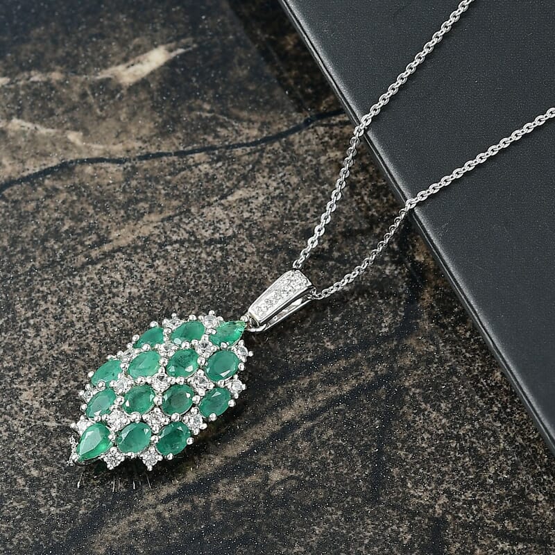 D'Joy Premium Kagem Zambian Emerald and White Zircon 3.15 ctw Pendant Necklace in Rhodium Over Sterling Silver 20 Inches