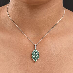 D'Joy Premium Kagem Zambian Emerald and White Zircon 3.15 ctw Pendant Necklace in Rhodium Over Sterling Silver 20 Inches