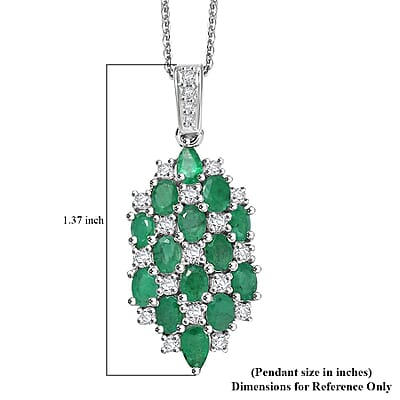 D'Joy Premium Kagem Zambian Emerald and White Zircon 3.15 ctw Pendant Necklace in Rhodium Over Sterling Silver 20 Inches
