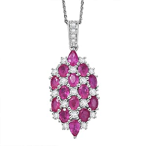 D'Joy Mozambique Ruby and White Zircon 4.00 ctw Pendant Necklace in Rhodium Over Sterling Silver 20 Inches