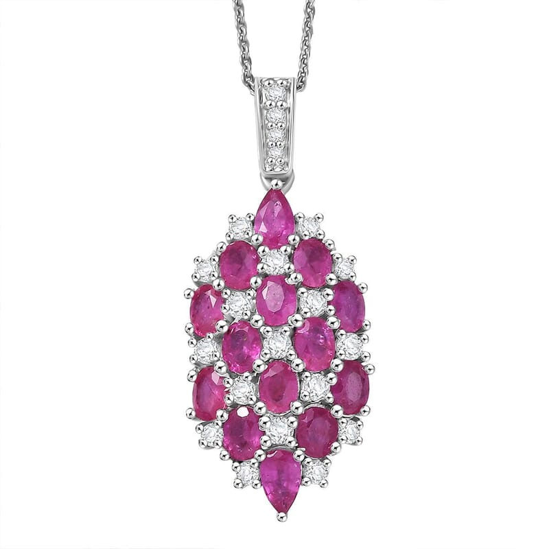 D'Joy Mozambique Ruby and White Zircon 4.00 ctw Pendant Necklace in Rhodium Over Sterling Silver 20 Inches