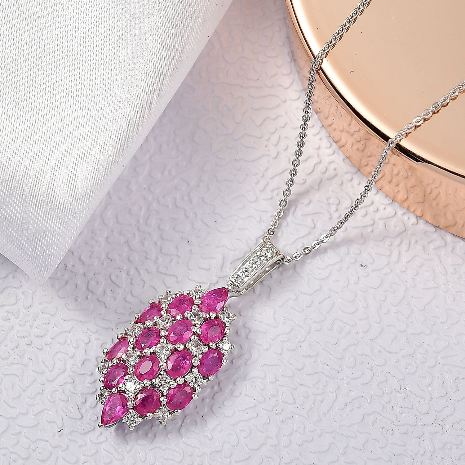 D'Joy Mozambique Ruby and White Zircon 4.00 ctw Pendant Necklace in Rhodium Over Sterling Silver 20 Inches