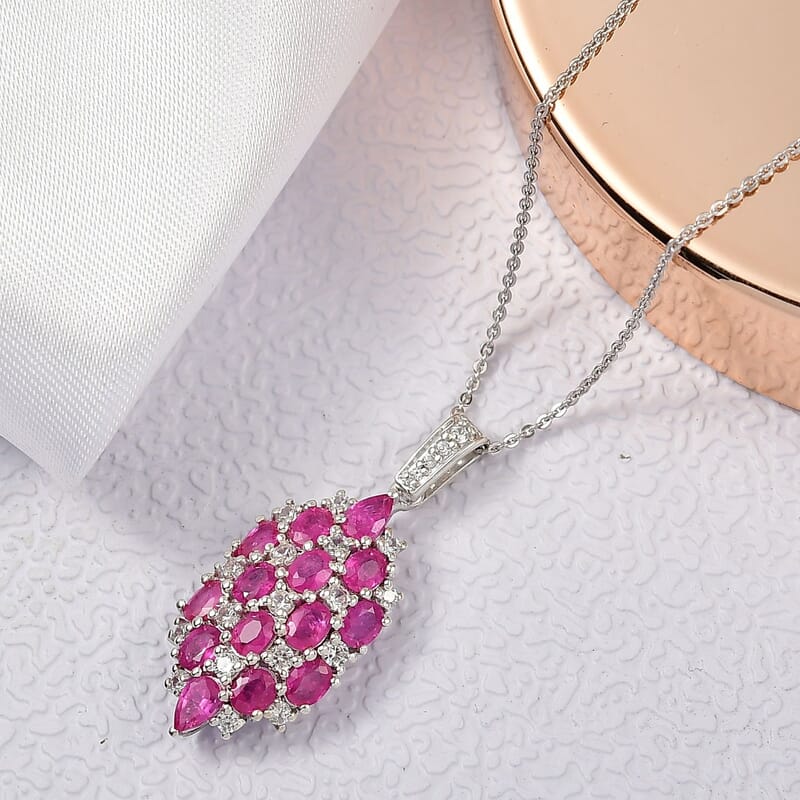 D'Joy Mozambique Ruby and White Zircon 4.00 ctw Pendant Necklace in Rhodium Over Sterling Silver 20 Inches