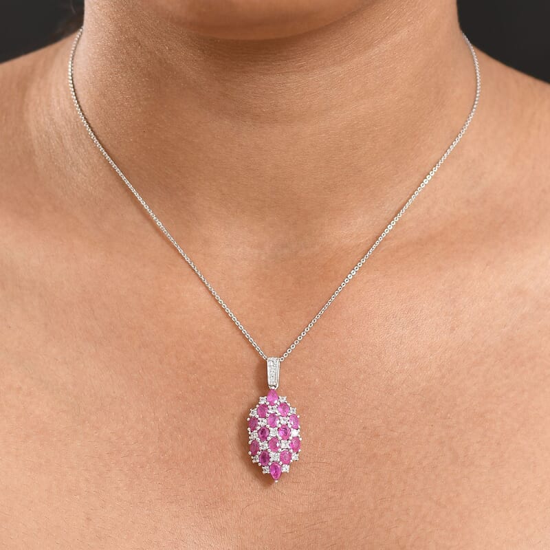 D'Joy Mozambique Ruby and White Zircon 4.00 ctw Pendant Necklace in Rhodium Over Sterling Silver 20 Inches