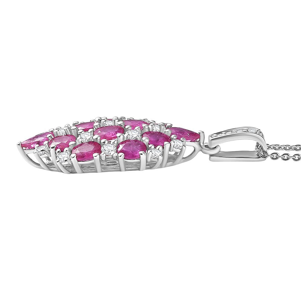 D'Joy Mozambique Ruby and White Zircon 4.00 ctw Pendant Necklace in Rhodium Over Sterling Silver 20 Inches