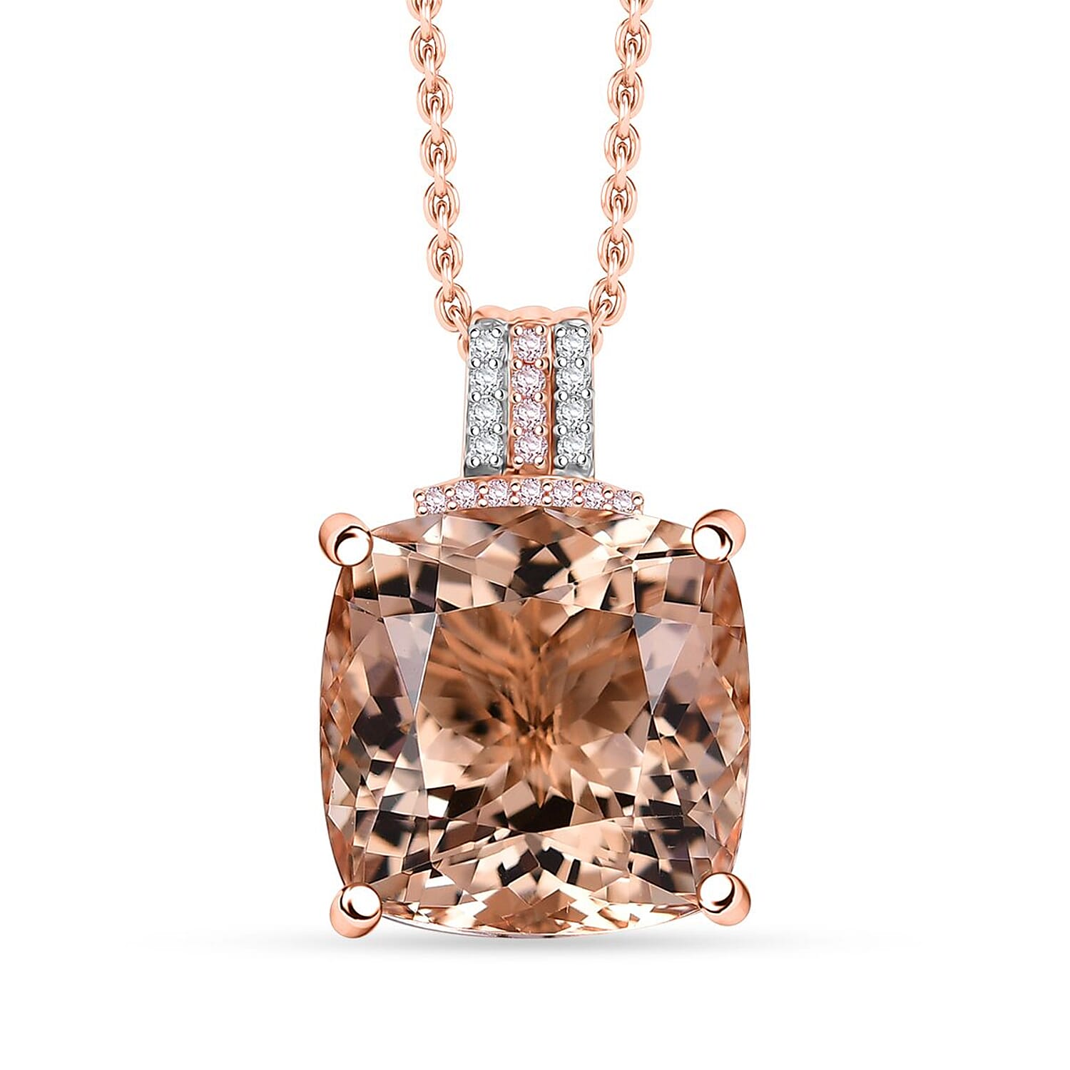 Luxoro Asscher Cut AAA Marropino Morganite, 2Natural Pink and White Diamond I2 11.60 ctw Pendant Necklace in 14K Rose Gold 20 In
