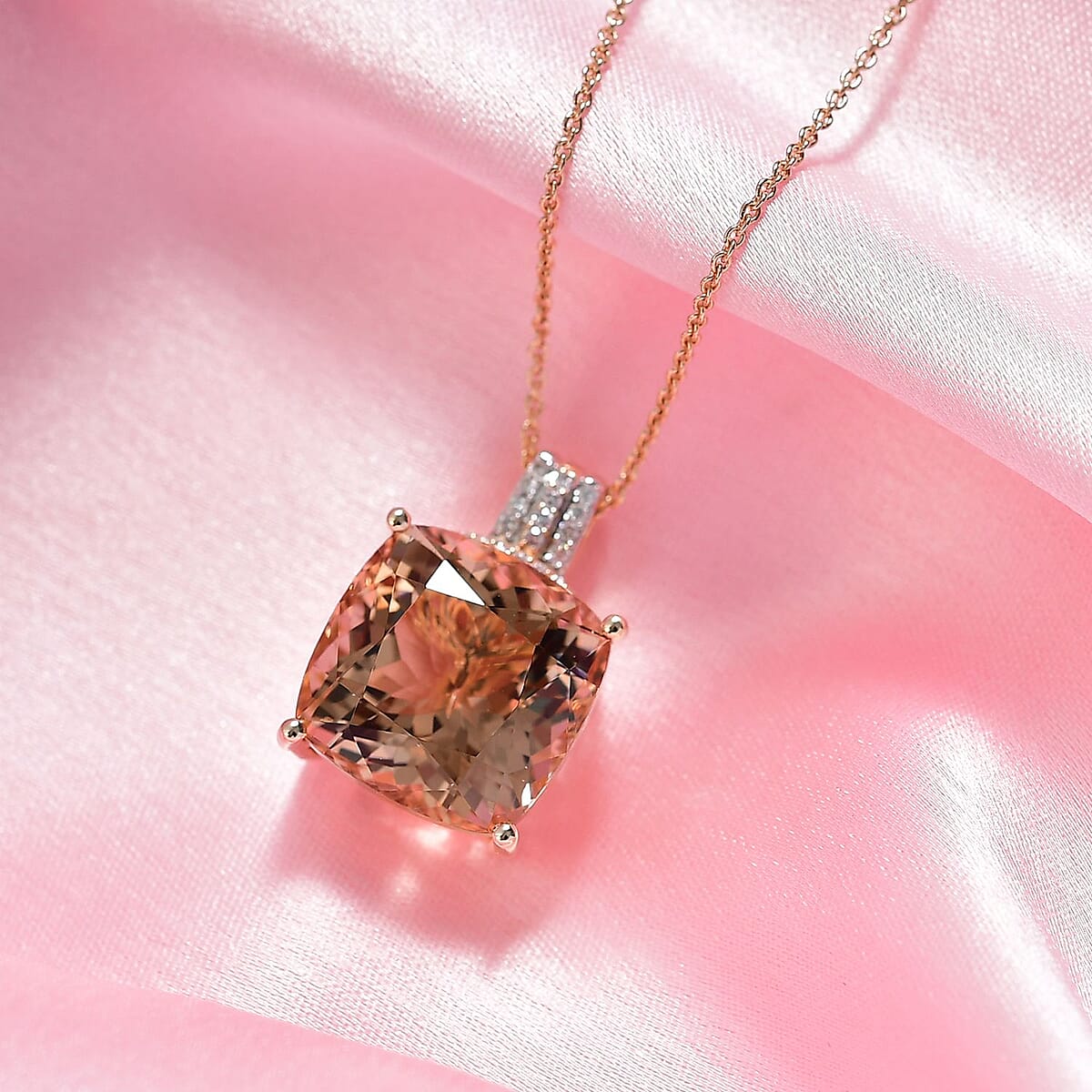 Luxoro Asscher Cut AAA Marropino Morganite, 2Natural Pink and White Diamond I2 11.60 ctw Pendant Necklace in 14K Rose Gold 20 Inches image number 1