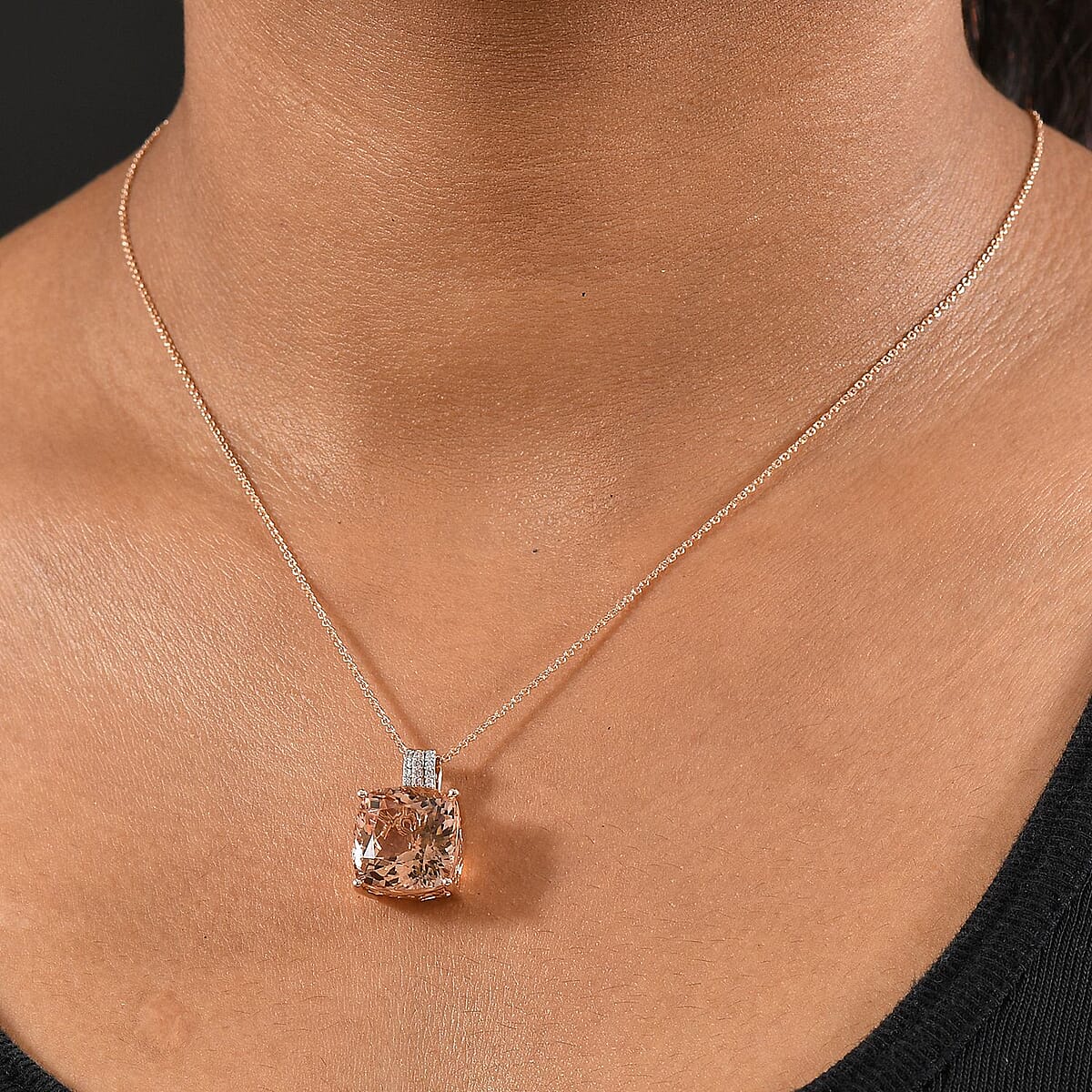 Luxoro Asscher Cut AAA Marropino Morganite, 2Natural Pink and White Diamond I2 11.60 ctw Pendant Necklace in 14K Rose Gold 20 Inches image number 2