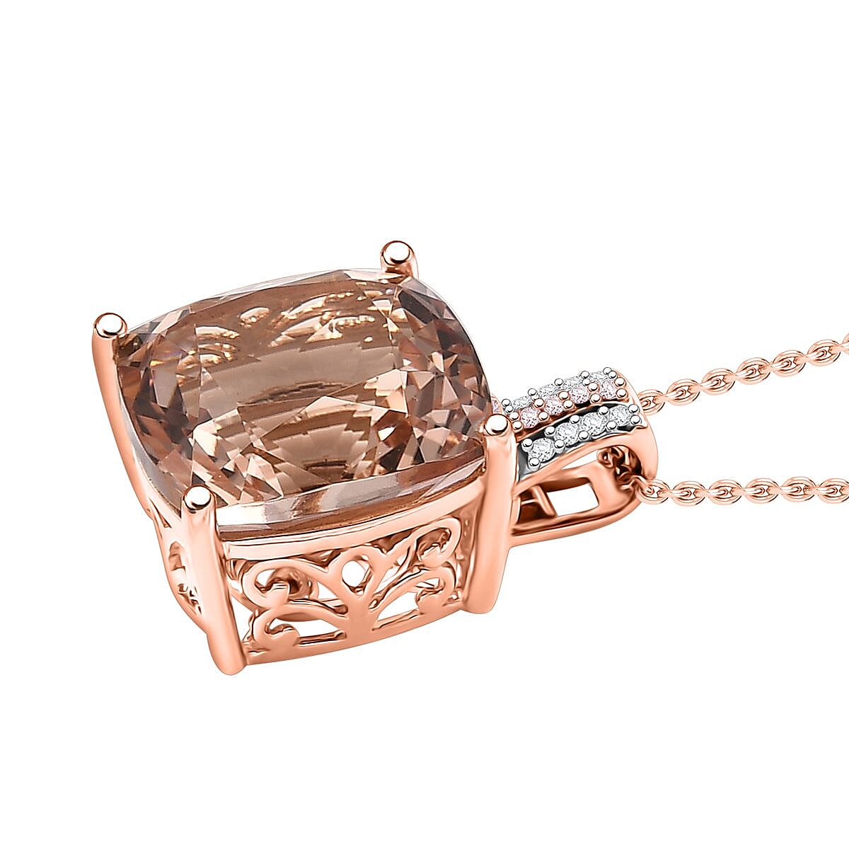 Luxoro Asscher Cut AAA Marropino Morganite, 2Natural Pink and White Diamond I2 11.60 ctw Pendant Necklace in 14K Rose Gold 20 Inches image number 3