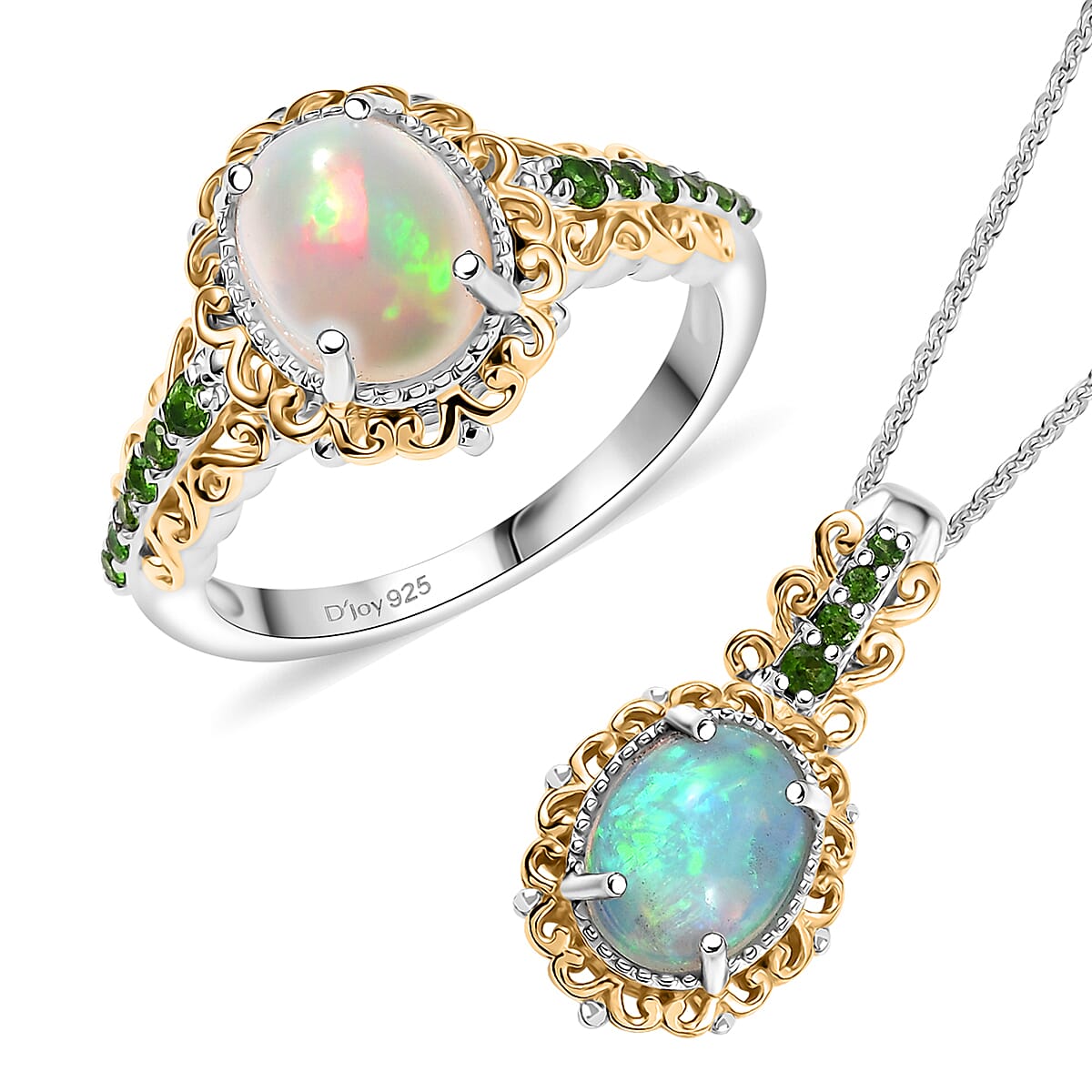 2 Piece Set - D'Joy Premium Ethiopian Welo Opal and Chrome Diopside 2.75 ctw Victorian Filigree Ring (Size 6) and Pendant Necklace 20 Inches in 18K Vermeil YG and Rhodium Over Sterling Silver image number 0