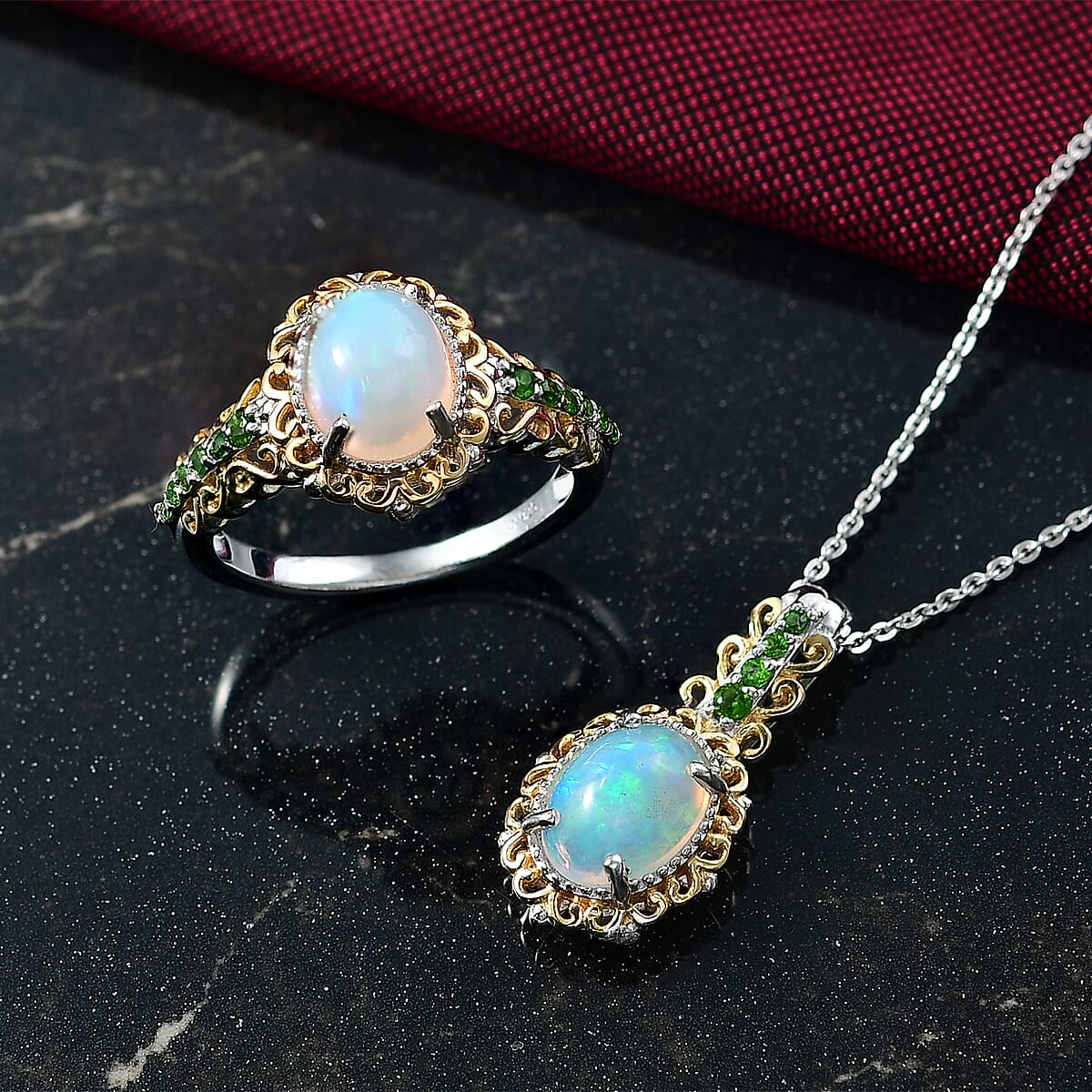 2 Piece Set - D'Joy Premium Ethiopian Welo Opal and Chrome Diopside 2.75 ctw Victorian Filigree Ring (Size 6) and Pendant Necklace 20 Inches in 18K Vermeil YG and Rhodium Over Sterling Silver image number 1