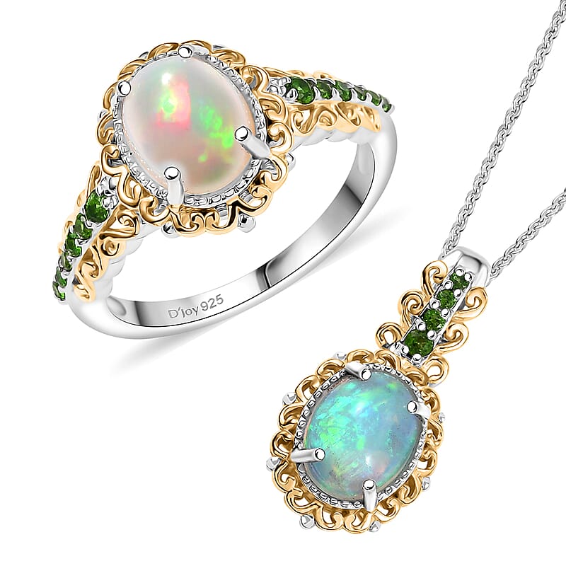 2 Piece Set - D'Joy Premium Ethiopian Welo Opal and Chrome Diopside 2.75 ctw Victorian Filigree Ring (Size 7) and Pendant Necklace 20 Inches in 18K Vermeil YG and Rhodium Over Sterling Silver