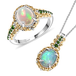 2 Piece Set - D'Joy Premium Ethiopian Welo Opal and Chrome Diopside 2.75 ctw Victorian Filigree Ring (Size 8) and Pendant Necklace 20 Inches in 18K Vermeil YG and Rhodium Over Sterling Silver