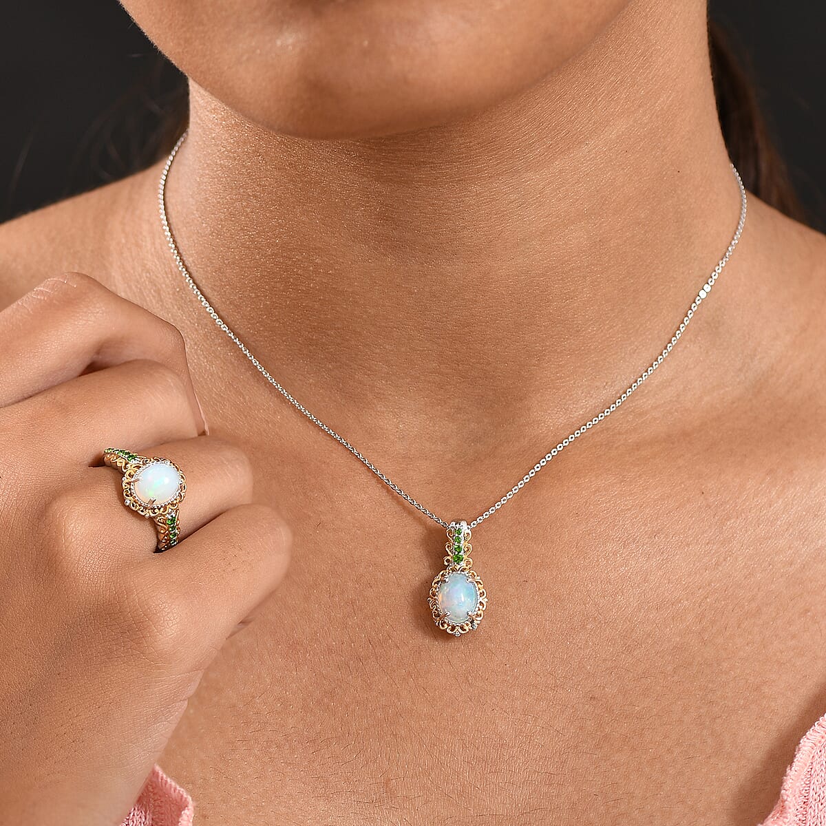 2 Piece Set - D'Joy Premium Ethiopian Welo Opal and Chrome Diopside 2.75 ctw Victorian Filigree Ring (Size 9) and Pendant Necklace 20 Inches in 18K Vermeil YG and Rhodium Over Sterling Silver image number 2