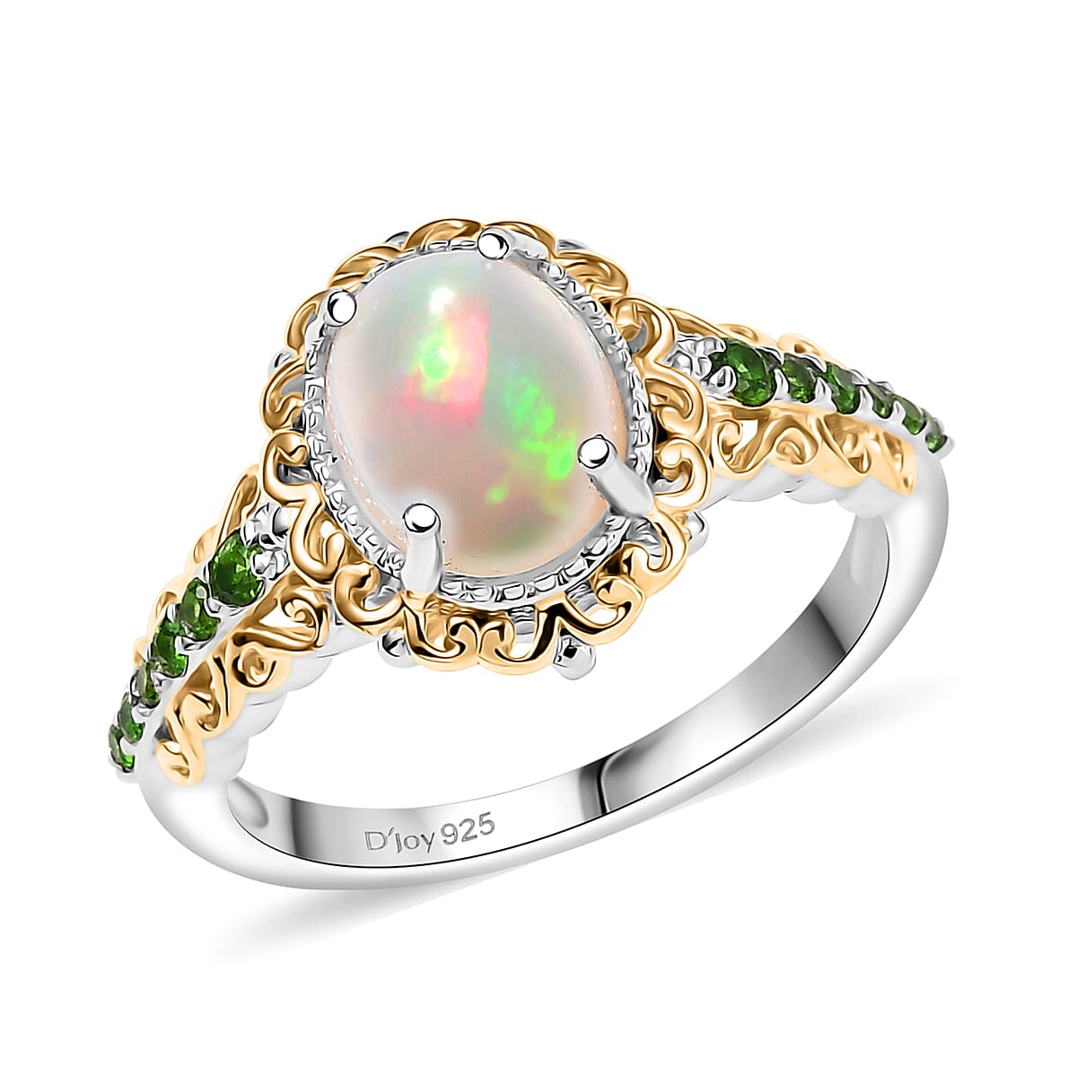 2 Piece Set - D'Joy Premium Ethiopian Welo Opal and Chrome Diopside 2.75 ctw Victorian Filigree Ring (Size 9) and Pendant Necklace 20 Inches in 18K Vermeil YG and Rhodium Over Sterling Silver image number 3