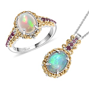 2 Piece Set - D'Joy Premium Ethiopian Welo Opal, Ouro Fino Rubellite 2.65 ctw Victorian Filigree Ring (Size 7.0) and Pendant Necklace 20 Inches in 18K Vermeil YG and Rhodium Over Sterling Silver